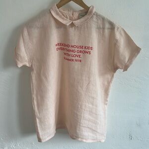 Weekend House Kids “Everything Grows with Love” pink linen shirt size 13-14.